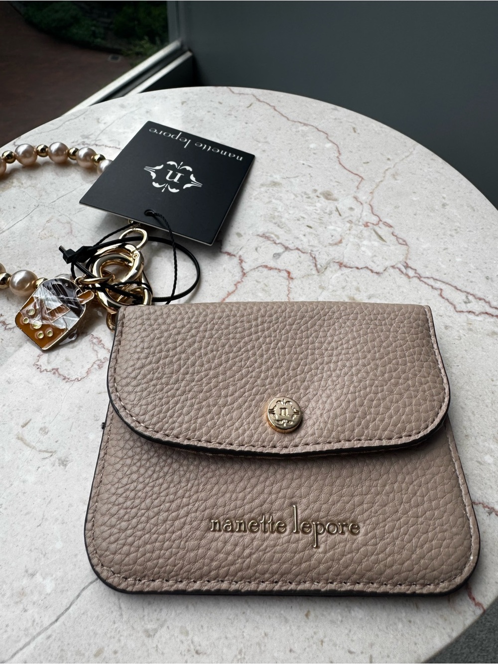 Nanette Lepore Taupe Pebble Leather Card Holder with Key Charm